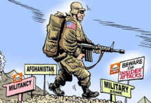 كاريكاتير لجندي من الناتو يلتف حول نفسه خوفًا من هجمات (الأخضر على الأزرق) في أفغانستان