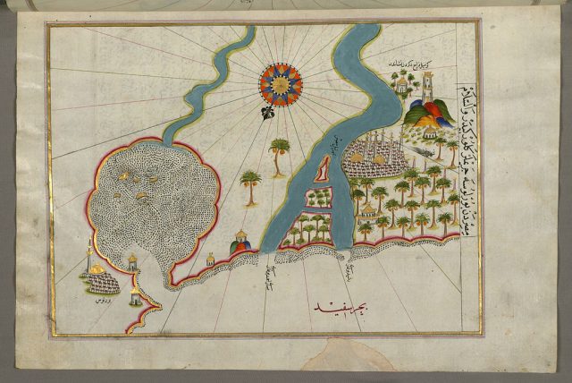 خريطة لبيري رئيس تظهر مصب نهر النيل مع مدينتي رشيد والبرلس على كل جانب